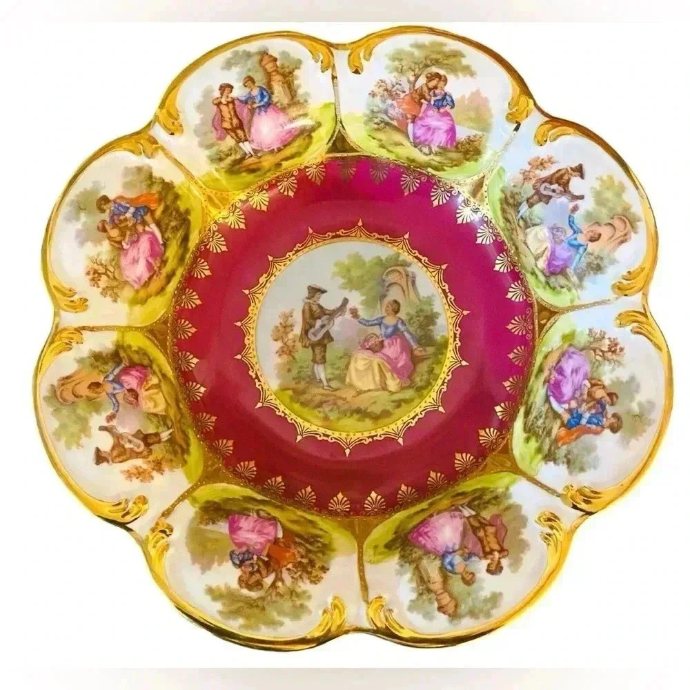 Vintage STW Bavaria 10” Raised Serving Bowl Courting Couples Porcelain Serveware